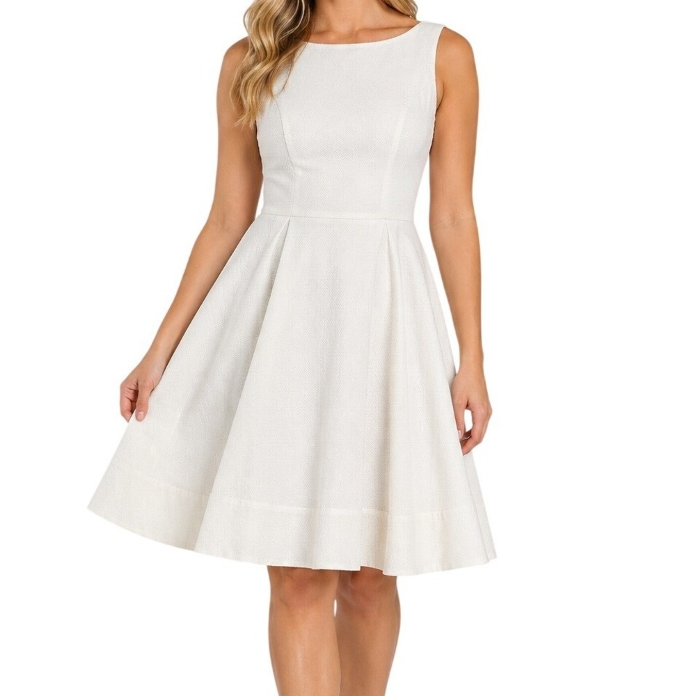 Polo Ralph Lauren White Textured Cotton Fit and Flare V-Back Dress Women's 14